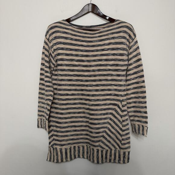 Soft Surroundings Med Tunic Top Cream Navy Pullover Coastal Nautical Fisherman - Picture 1 of 4